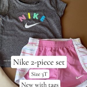 Nike Gray Tee with Multicolor Logo & Pink Athletic Shorts